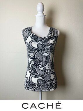 Vintage Caché Black & White Paisley Lace Print Cowl Neck Sleeveless Top Small